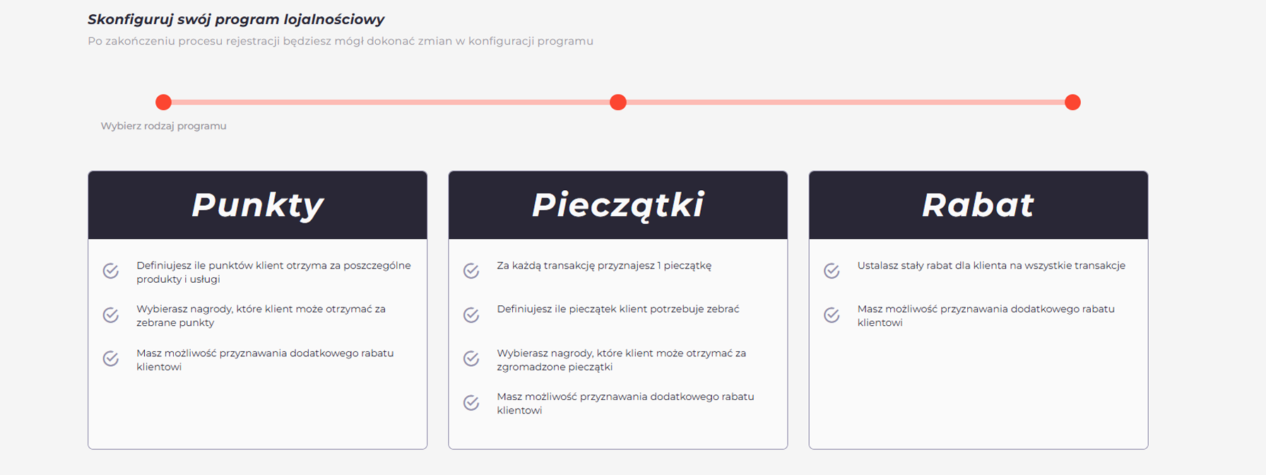 Ekran konfiguracji programu lojalnościowego LoyRise – wybór mechanizmu: punkty, pieczątki lub rabat