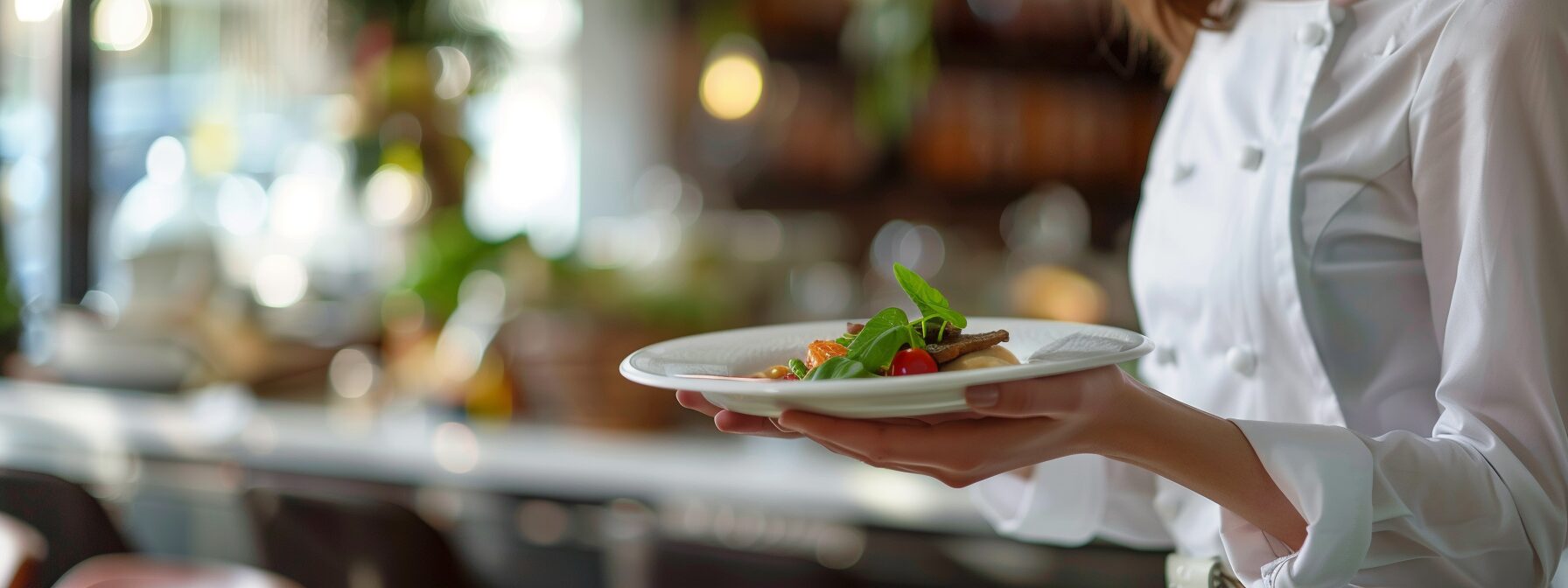 Kelnerka w białej koszuli niosąca elegancki talerz z daniem w restauracji