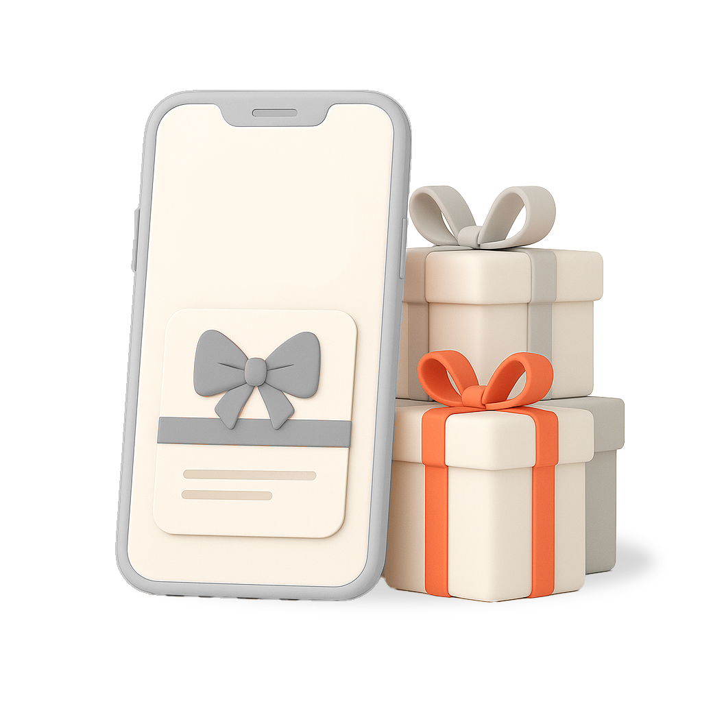 Telefon z cyfrową kartą podarunkową LoyRise oparty o pastelowe prezenty w kolorach marki