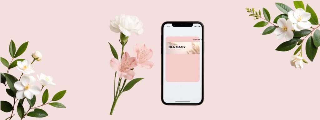 karta podarunkowa na Dzień Matki w telefonie na tle kwiatów
